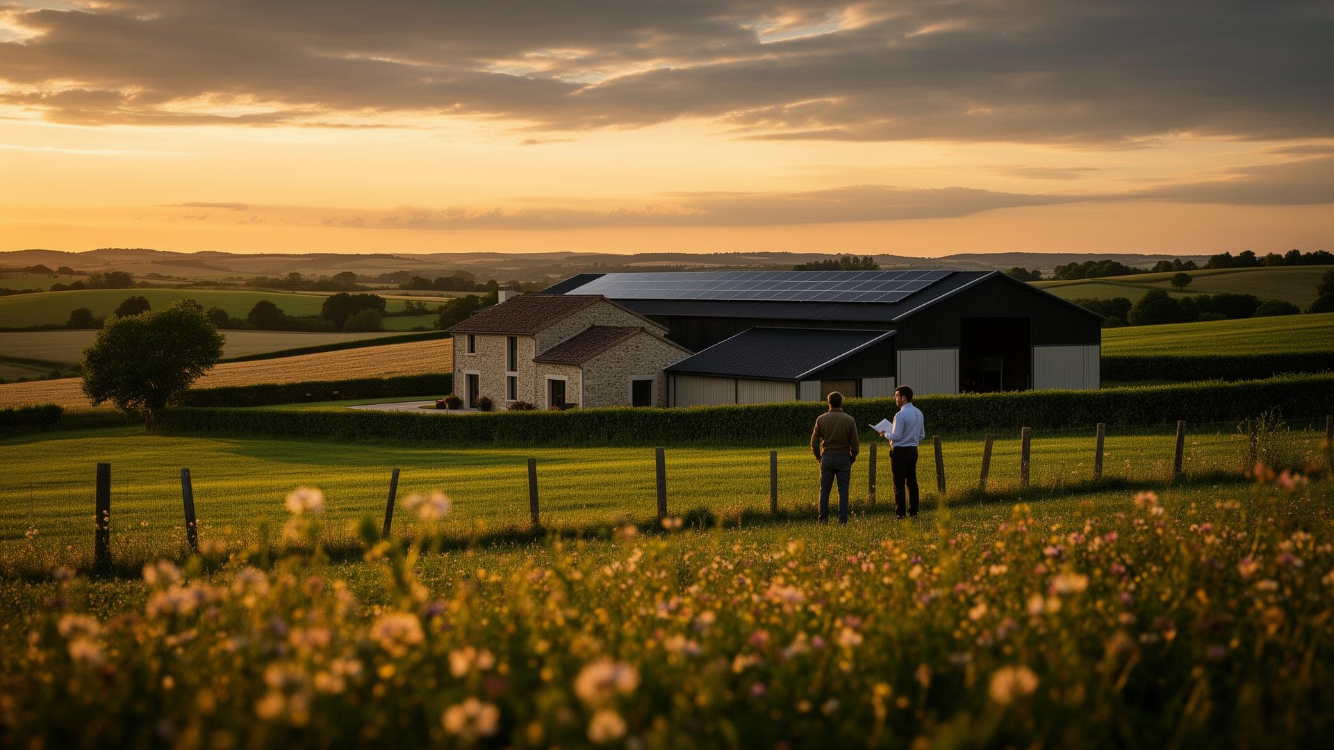 Champs agricoles avec panneaux photovoltaïques au coucher du soleil